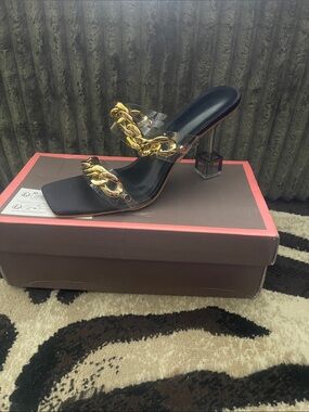 SHEIN Black Slide Heels with Gold Chain Detail